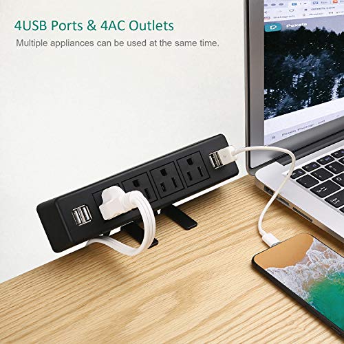 VILONG,Desk Edge Power Strip with 4 USB Port Removable Clamp Power Outlet Socket with USB 6.5 ft Extension Cord Connect 4 Plugs for Home Office Reading