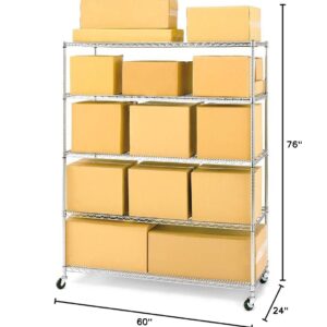 Seville Classics UltraDurable Commercial-Grade 6-Tier NSF-Certified Steel Wire Shelving with Wheels, 60" W x 24" D - Chrome