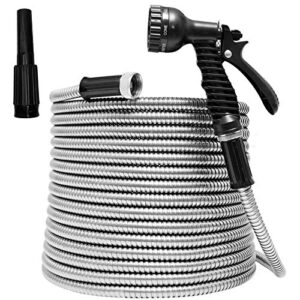 tunhui heavy duty flexible metal garden hose stainless steel water hose with 2 free nozzles metal hose flexible durable kink free and easy to store outdoor hose (25ft)