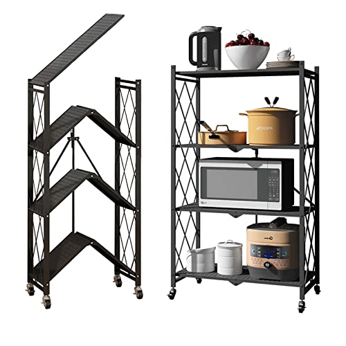 WHIFEA 4 Tier Foldable No Assembly Storage Shelves with Wheels 28.3’’*15’’*49.6’’ Free Standing Metal Wire Rack Heavy Duty Pantry Collapsible Organizer for Kitchen Bedroom Bathroom Office Black