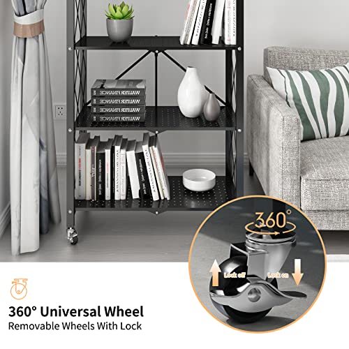 WHIFEA 4 Tier Foldable No Assembly Storage Shelves with Wheels 28.3’’*15’’*49.6’’ Free Standing Metal Wire Rack Heavy Duty Pantry Collapsible Organizer for Kitchen Bedroom Bathroom Office Black