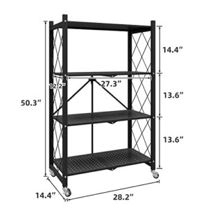 WHIFEA 4 Tier Foldable No Assembly Storage Shelves with Wheels 28.3’’*15’’*49.6’’ Free Standing Metal Wire Rack Heavy Duty Pantry Collapsible Organizer for Kitchen Bedroom Bathroom Office Black