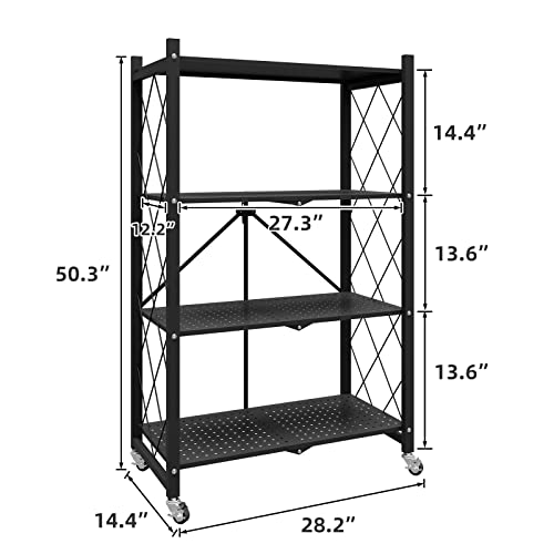 WHIFEA 4 Tier Foldable No Assembly Storage Shelves with Wheels 28.3’’*15’’*49.6’’ Free Standing Metal Wire Rack Heavy Duty Pantry Collapsible Organizer for Kitchen Bedroom Bathroom Office Black