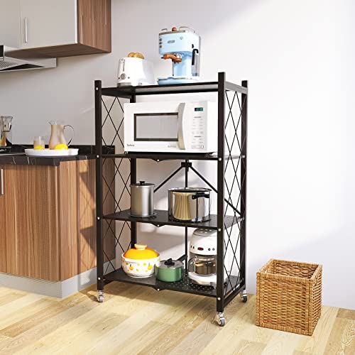 WHIFEA 4 Tier Foldable No Assembly Storage Shelves with Wheels 28.3’’*15’’*49.6’’ Free Standing Metal Wire Rack Heavy Duty Pantry Collapsible Organizer for Kitchen Bedroom Bathroom Office Black