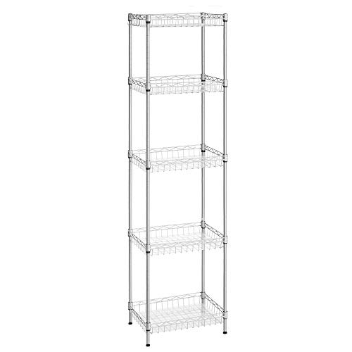 SONGMICS Metal Storage Shelves, 5-Tier Wire Shelving Unit, Kitchen Rack, Adjustable Shelves, 4 Hooks, Shelf Liners, 11.8 x 15.7 x 59.1 Inches, Total Load Capacity 220 lb, for Garage, Silver ULGR105E01