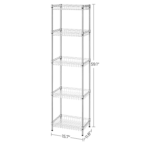 SONGMICS Metal Storage Shelves, 5-Tier Wire Shelving Unit, Kitchen Rack, Adjustable Shelves, 4 Hooks, Shelf Liners, 11.8 x 15.7 x 59.1 Inches, Total Load Capacity 220 lb, for Garage, Silver ULGR105E01