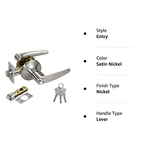 BESTTEN Keyed Entry Door Lever Set with Removable Latch Plate, All Metal, Roma Series Door Handle for Front Door, Satin Nickel