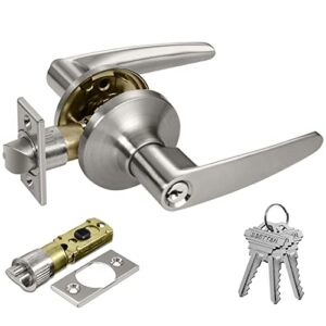 bestten keyed entry door lever set with removable latch plate, all metal, roma series door handle for front door, satin nickel