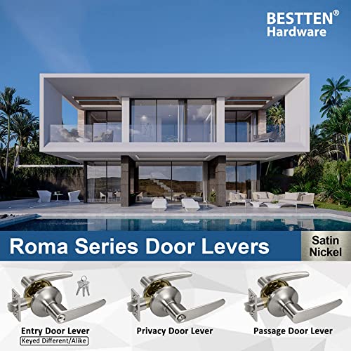 BESTTEN Keyed Entry Door Lever Set with Removable Latch Plate, All Metal, Roma Series Door Handle for Front Door, Satin Nickel