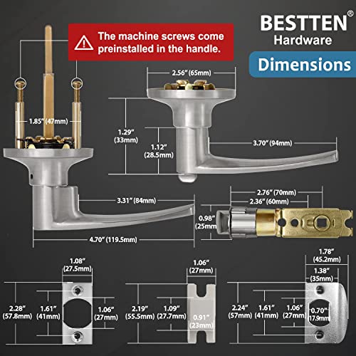 BESTTEN Keyed Entry Door Lever Set with Removable Latch Plate, All Metal, Roma Series Door Handle for Front Door, Satin Nickel