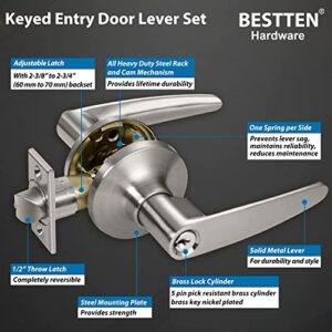 BESTTEN Keyed Entry Door Lever Set with Removable Latch Plate, All Metal, Roma Series Door Handle for Front Door, Satin Nickel