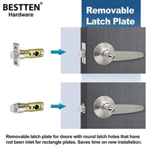 BESTTEN Keyed Entry Door Lever Set with Removable Latch Plate, All Metal, Roma Series Door Handle for Front Door, Satin Nickel