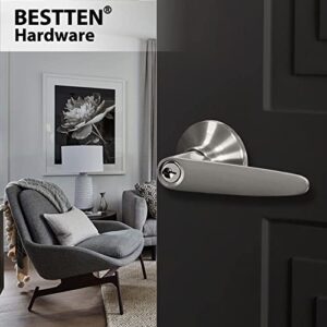 BESTTEN Keyed Entry Door Lever Set with Removable Latch Plate, All Metal, Roma Series Door Handle for Front Door, Satin Nickel