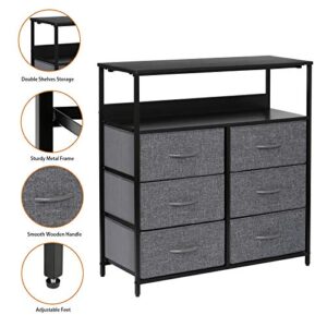 Kamiler Rustic 6 Drawers Dresser with Open Shelf, Closet Storage Organizer,Versatile Cabinet with Sturdy Steel Frame,Wood Shelf and Removable Fabric Bins for Bedroom,Living Room,Hallway,Hotel(Gray)