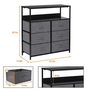 Kamiler Rustic 6 Drawers Dresser with Open Shelf, Closet Storage Organizer,Versatile Cabinet with Sturdy Steel Frame,Wood Shelf and Removable Fabric Bins for Bedroom,Living Room,Hallway,Hotel(Gray)