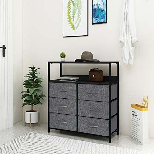 Kamiler Rustic 6 Drawers Dresser with Open Shelf, Closet Storage Organizer,Versatile Cabinet with Sturdy Steel Frame,Wood Shelf and Removable Fabric Bins for Bedroom,Living Room,Hallway,Hotel(Gray)