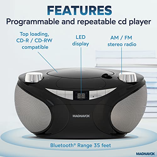 Magnavox MD6949-BK Portable Top Loading CD Boombox with AM/FM Stereo Radio and Bluetooth Wireless Technology in Black | CD-R/CD-RW Compatible | LED Display |