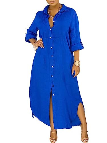 Women Button Down Roll up Sleeve Classic Boyfriend T Shirt Dresses Blue S