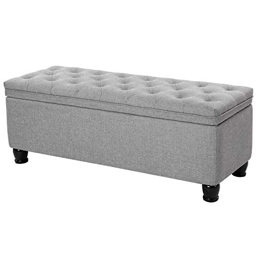 SONGMICS Storage Ottoman, 46.5 Inches Long Bed End Stool with Storage, Solid Wood Legs, Buttons Decoration, Non-Slip Foot Pads, 330.6 lb Load Capacity, Light Gray ULOM070G02