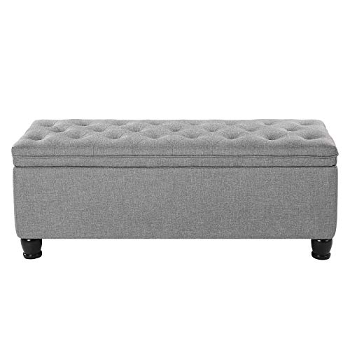 SONGMICS Storage Ottoman, 46.5 Inches Long Bed End Stool with Storage, Solid Wood Legs, Buttons Decoration, Non-Slip Foot Pads, 330.6 lb Load Capacity, Light Gray ULOM070G02