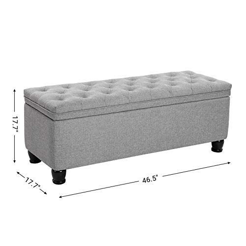 SONGMICS Storage Ottoman, 46.5 Inches Long Bed End Stool with Storage, Solid Wood Legs, Buttons Decoration, Non-Slip Foot Pads, 330.6 lb Load Capacity, Light Gray ULOM070G02