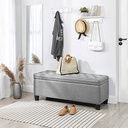 SONGMICS Storage Ottoman, 46.5 Inches Long Bed End Stool with Storage, Solid Wood Legs, Buttons Decoration, Non-Slip Foot Pads, 330.6 lb Load Capacity, Light Gray ULOM070G02