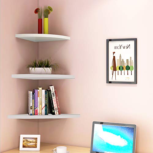 Ejoyous Wall Shelf, 3 Tier Wall Mount Corner Display Shelf Storage Rack Organizer Modern Decoration Hanging Shelf for Home Living Room Bedroom Office, White