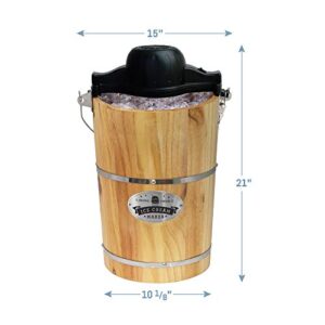 Elite Gourmet Old Fashioned 6 Quart Vintage Wood Bucket Electric Ice Cream Maker Machine Appalachian, Bonus Classic Die-Cast Hand Crank for Churning, Uses Ice and Rock Salt Churns Ice Cream in Minute