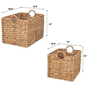 Artera Oversize Wicker Storage Basket - Set of 2, XL Natural Woven Floor Baskets for Blankets, Huge Rectangular Hyacinth Basket with Handles for Living Room, Bed Room & Laundry Room. (Water Hyacinth)