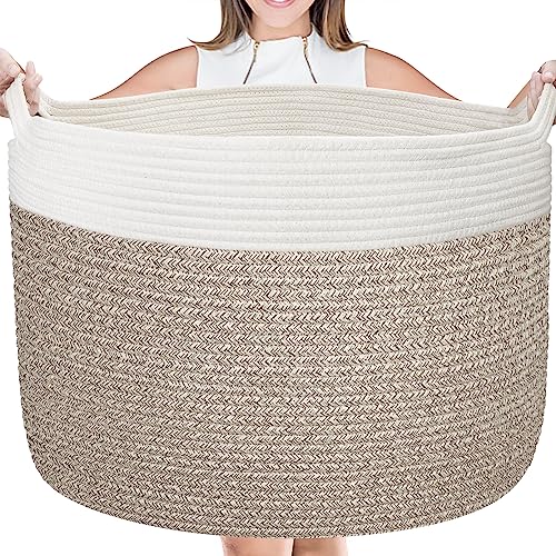 AivaToba Cotton Rope Basket, 22” x 14” Blanket Basket for Living Room, Woven Baby Laundry Baskets with Handles, Toys Basket, Large Baskets for Storage, XXXLarge Cotton Rope Basket for Organizing