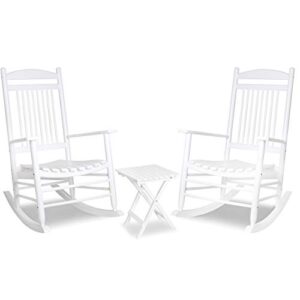 mupater outdoor rocking chair set 3-piece patio wooden rocker bistro set with foldable table and curved seat, white