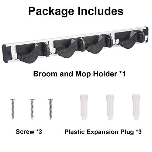 Mop Broom Holder Wall Mount, Metal Broom Organizer Storage Rooms Garage Garden Kitchen Tool Clean Tools Organizer Non-slip Wall Hanger(4 Adjustable Slots & 4 Hooks, Black)