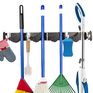 mop broom holder wall mount, metal broom organizer storage rooms garage garden kitchen tool clean tools organizer non-slip wall hanger(4 adjustable slots & 4 hooks, black)