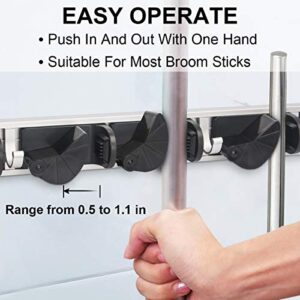 Mop Broom Holder Wall Mount, Metal Broom Organizer Storage Rooms Garage Garden Kitchen Tool Clean Tools Organizer Non-slip Wall Hanger(4 Adjustable Slots & 4 Hooks, Black)