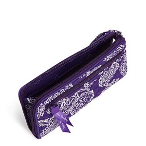 Vera Bradley Women's Cotton Collegiate Front Zip Wristlet With RFID Protection (Multiple Teams Available), Clemson University Purple/White Bandana, One Size