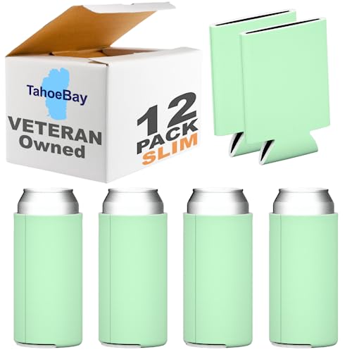 TahoeBay Slim Can Cooler Sleeves (12-Pack) Insulated Polyfoam, Scuba Knit Polyester Fabric Thermocoolers for 12oz Tall Skinny Beverage Cans - Blank Design, Ready for Printing (Mint)