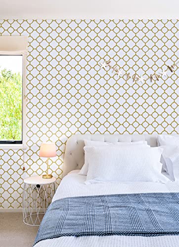 Feisoon 17.7" ｘ118 White and Gold Trellis Wallpaper Peel and Stick Trellis Contact Paper Removable Wallpaper Self Adhesive Wallpaper Modern Trellis Wallpaper for Wall Furniture Decor Vinyl Roll