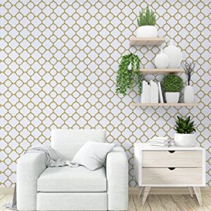 Feisoon 17.7" ｘ118 White and Gold Trellis Wallpaper Peel and Stick Trellis Contact Paper Removable Wallpaper Self Adhesive Wallpaper Modern Trellis Wallpaper for Wall Furniture Decor Vinyl Roll