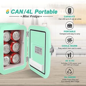 CROWNFUL Mini Fridge, 4 Liter/6 Can Portable Cooler and Warmer Personal Refrigerator for Skin Care, Cosmetics, Beverage, Food,Great for Bedroom, Office, Car, Dorm, ETL Listed (Green)