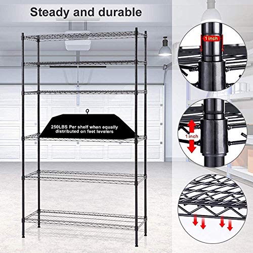 NSF 6 Tier Wire Shelving Unit Wire Shelves, Heavy Duty Height Adjustable Storage Wire Shelf Shelving Rack with Feet Leveler Garage Rack Kitchen Rack Office Rack Commercial Shelving Black 42x16x72