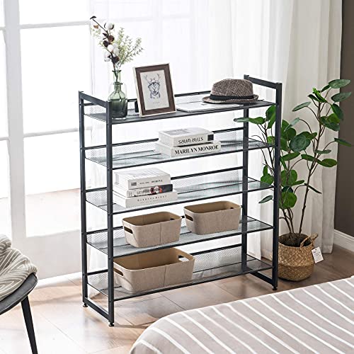 Apicizon 5-Tier Metal Shoe Rack for up to 25 Pairs Shoe Organizer with Angle from Slant to Flat, Stackable Shoe Storage Shelves with Stable Iron Structure for Entryway Closet, Grey