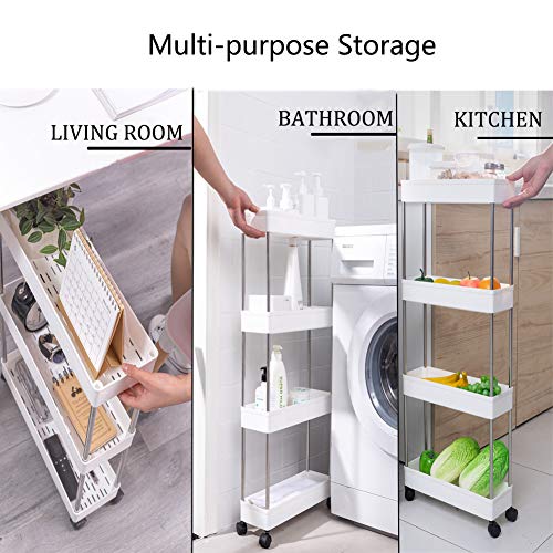 AOTENG STAR Slim Storage Shelf Cart Removable 4-Tier Rolling Trolley Storage Organizer Shelf Rack with 4 Storage Baskets and Wheels for Kitchen Living Room Bathroom Bedroom Narrow Places