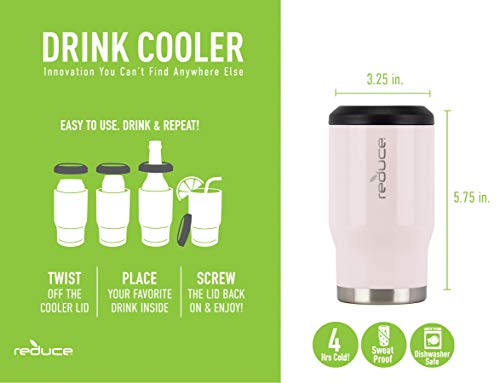 Reduce Can Cooler - 4-in-1 Stainless Steel Can Holder and Beer Bottle Holder, 4 Hours Cold - 14 oz Multi-Use Drink Cup that Holds Slim Cans, Regular Cans, Bottles and Cocktails - Pink Cotton, Gloss