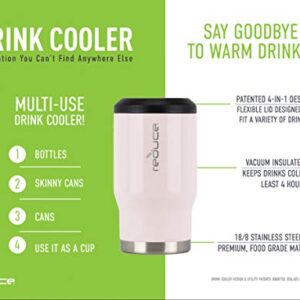 Reduce Can Cooler - 4-in-1 Stainless Steel Can Holder and Beer Bottle Holder, 4 Hours Cold - 14 oz Multi-Use Drink Cup that Holds Slim Cans, Regular Cans, Bottles and Cocktails - Pink Cotton, Gloss