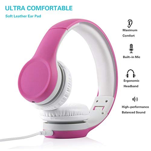 YUSONIC Kids Headphones, Kid Toddler Headphones with mic & Audio Sharing Port+ Volume Limited, Boys Girls Baby Children Toddlers Laptop Tablet Phones Class Travel Airplane use (Pink)