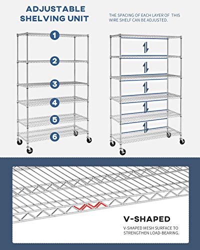 BestOffice 18x48x72 ​Wire Shelving with Commercial Wheels 6-Shelf Adjustable Heavy Duty Storage Shelves Metal Shelves Storage Unit Shelf,6000 LBS (Chrome)