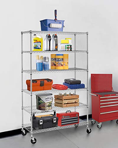 BestOffice 18x48x72 ​Wire Shelving with Commercial Wheels 6-Shelf Adjustable Heavy Duty Storage Shelves Metal Shelves Storage Unit Shelf,6000 LBS (Chrome)