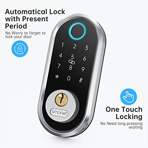 Smart Deadbolt, SMONET Fingerprint Electronic Deadbolt Door Lock with Keypad-Bluetooth Keyless Entry Keypad Smart Deadbolt App Control, Ekeys Sharing, App Monitoring Auto Lock for Homes and Hotel