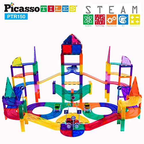 PicassoTiles 150 Piece Race Car Track Building Block Educational Toy Set Magnet Tile Magnetic Blocks Playset 4 Cars Early STEM Learning Construction Kit Hand-Eye Fine Motor Skill Brain Training PTR150