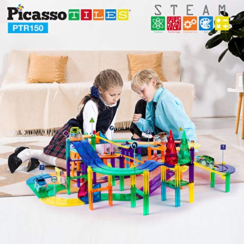 PicassoTiles 150 Piece Race Car Track Building Block Educational Toy Set Magnet Tile Magnetic Blocks Playset 4 Cars Early STEM Learning Construction Kit Hand-Eye Fine Motor Skill Brain Training PTR150